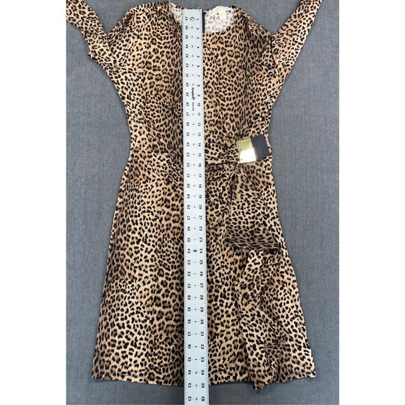 Michael Kors Leopard Print Ruched Dress Women M Brown Animal Long Sleeve Chic - Picture 6 of 10